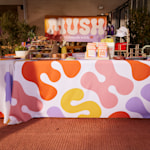 printed tablecloth with logo and contact info