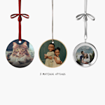 3 circular Christmas ornaments printed with various photos, with a note that there are 3 material options. 