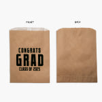 The front and back view of a kraft favor bag, with notes labeling the front and back.  