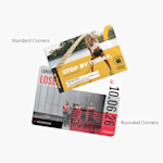2 postcards for a fitness facility, 1 with rounded corners and 1 with standard corners.