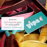 A business card for a dog walker placed on colorful dog leashes, featuring a five-star customer review.
