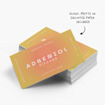 A stack of artistic business cards with a note that glossy, matte and uncoated paper is included.