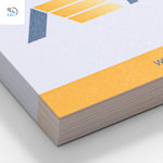 A close-up of uncoated white and yellow business cards, with a 48-hour delivery icon in the corner.