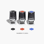 3 circular stamps showing the different color options available: black, red and blue.