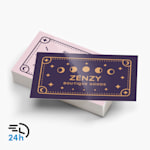 A person holding a business card from a craft store, with a 24-hour delivery icon in the corner.