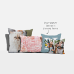 Four custom pillows in a variety of sizes and styles, with a note that says you can print designs or photos. 
