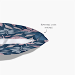 A custom printed pillow with a partially unzipped cover, with a note that says a removable cover is available. 