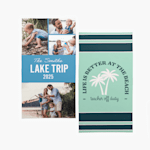 Two personalized beach towels: one printed with a few family photos and another printed with a custom message. 