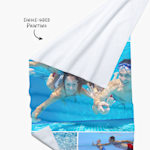 A beach towel personalized with a few family photos, with a note showing the single-sided printing. 