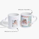 Duas canecas com asa de coração, uma com o nome de família impresso e outra personalizada para uma avó. Uma nota a indicar que tanto a impressão com orientação vertical como horizontal estão disponíveis. 