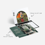 Två specialdesignade väggkalendrar med foton. Anteckningar visar att det finns alternativ för hemmet och företaget. 