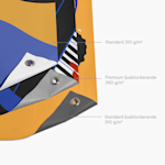 Tre banderoller visas: en med standardmaterial 310 g/m², en annan med 310 g/m² standard ljusblockerande och en tredje med 360 g/m² premium ljusblockerande.