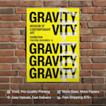 A bright yellow poster hanging on a brick wall promoting an art exhibition. Highlighted benefits include vivid printing, easy upload, more sizes and papers and fast, free shipping.
