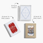 Dos barajas de naipes personalizadas con una nota que dice que se puede elegir entre caja de papel blanco, papel Kraft o acrílico. 