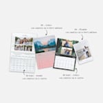 Distintos calendarios de pared con fotos personalizadas en varios tamaños y diseños. Las notas indican distintas opciones de tamaño. 