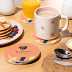 A square ceramic coaster set customized for a cafe.  