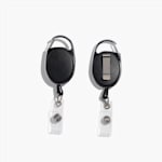 2 black oval-shaped badge holders with a retractable reel and belt clip attachment, displayed from front and back, and featuring clear plastic snap-straps.