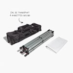 Ensemble des pièces nécessaires à l’installation de la tente publicitaire.