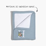 Una manta sudadera con un pliegue en la esquina, con una nota que dice "material de sudadera suave". 