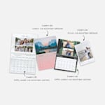 Un assortimento di calendari da parete personalizzati con foto, in vari formati e con diversi design. Su delle note c’è scritto che sono disponibili diversi formati. 