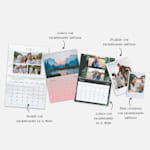 Cinco calendarios de pared con foto en una variedad de tamaños y estilos. Una nota que lista los tamaños: clásico con encuadernado superior, pequeño con encuadernado superior, grande con encuadernado en el medio y clásico con encuadernado en el medio. 
