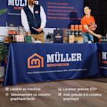 Une nappe personnalisée faisant la promotion d’une entreprise de rénovation résidentielle. Principaux avantages : lavables en machine, simplicité du processus d’importation et de création graphique (avec assistance gratuite) et livraison offerte.