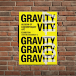A bright yellow poster hanging on a brick wall promoting an art exhibition. Highlighted benefits include vivid printing, easy upload, more sizes and papers and fast, free shipping.