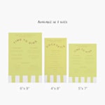 Three event menu templates displayed side by side to showcase the design in 6" × 9", 4" × 8", and 5" × 7" sizes. 