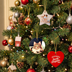 Two Christmas ornaments featuring a family photo and family name, hanging from a tree. An arrow points to the included golden string, which makes the ornaments ready to hang when they arrive.