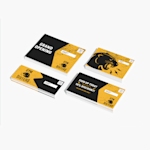 Four different sizes of Every Door Direct Mail postcards for a gym opening, displayed side by side.