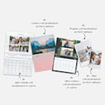 Vários calendários de parede com fotografias personalizadas em diversos tamanhos e designs. As notas destacam as diferentes opções de tamanho. 