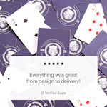 Custom playing cards featuring the logo of a university, with a custom review: “Everything was great from design to delivery!” 
