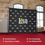 A step & repeat banner personalized for a business. Highlighted benefits include: wrinkle resistant, easy upload or design, free carrying bag and free shipping $100+.