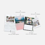 A variety of wall calendars with personalised photos, in a variety of sizes and designs. Notes highlight different size options. 