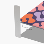 A closeup of the fabric display wall's corner and aluminium feet. An arrow points to the zippered fabric closure.