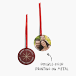 Two custom metal ornaments, with a note that double-sided printing is available.