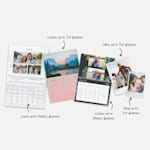 Five photo wall calendars in a variety of sizes and styles. A note lists out the sizes; Classic with Top Binding, Small with Top Binding, Large with Middle Binding, Classic with Middle Binding and Mini with Top Binding.