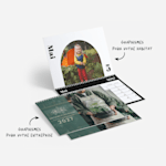 Deux calendriers muraux personnalisés. L’un présente la photo d’une petite fille en train de camper, l’autre affiche le logo et le nom d’une jardinerie. Des notes indiquent qu’il existe des graphismes de calendriers pour votre habitat et votre entreprise.