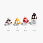 4 plastic ice cream cups with a variety of ice cream flavors and toppings showcasing the 4 available sizes.