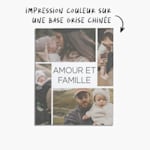 Une couverture en molleton personnalisée avec des photos de famille, accompagnée d’une note indiquant « impression couleur sur base gris chiné ».