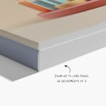 A close-up of a thin, perfect-bound booklet stacked on top of a thick perfect-bound booklet with a written note, "From 20 to 1,086 pages, in increments of 2."