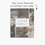 A sweatshirt blanket personalized with family photos, with a note that reads “full-color printing on heather gray base”.
