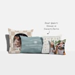 Four custom pillows in a variety of sizes and styles, with a note that says you can print designs or photos. 