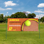 A tennis banner held up by 2 6 ft T-Posts.