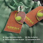 2 hang tags promoting a sports club tied with string around clothing. Highlighted benefits include more shapes & papers, easy upload & design, 1000s of designs and gree shipping.
