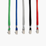 5 colored lanyards in green, blue, gray, black, and red, each with a matching silver metal bulldog clip attachment at the base for badge display.