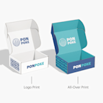 2 poke restaurant custom mailer boxes side by side. One features a logo print and the other with an all-over print.
