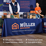 Un mantel publicitario personalizado promocionando una empresa de renovaciones del hogar. Los beneficios importantes incluyen que se pueden lavar en lavadora, puede subir sus archivos fácilmente o diseñar (con asistencia gratis) y obtener envío gratis.