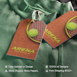 2 hang tags promoting a sports club tied with string around clothing. Highlighted benefits include more shapes & papers, easy upload & design, 1000s of designs and gree shipping.