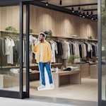 A life-size cutout of a man holding a megaphone in a clothing store setting.